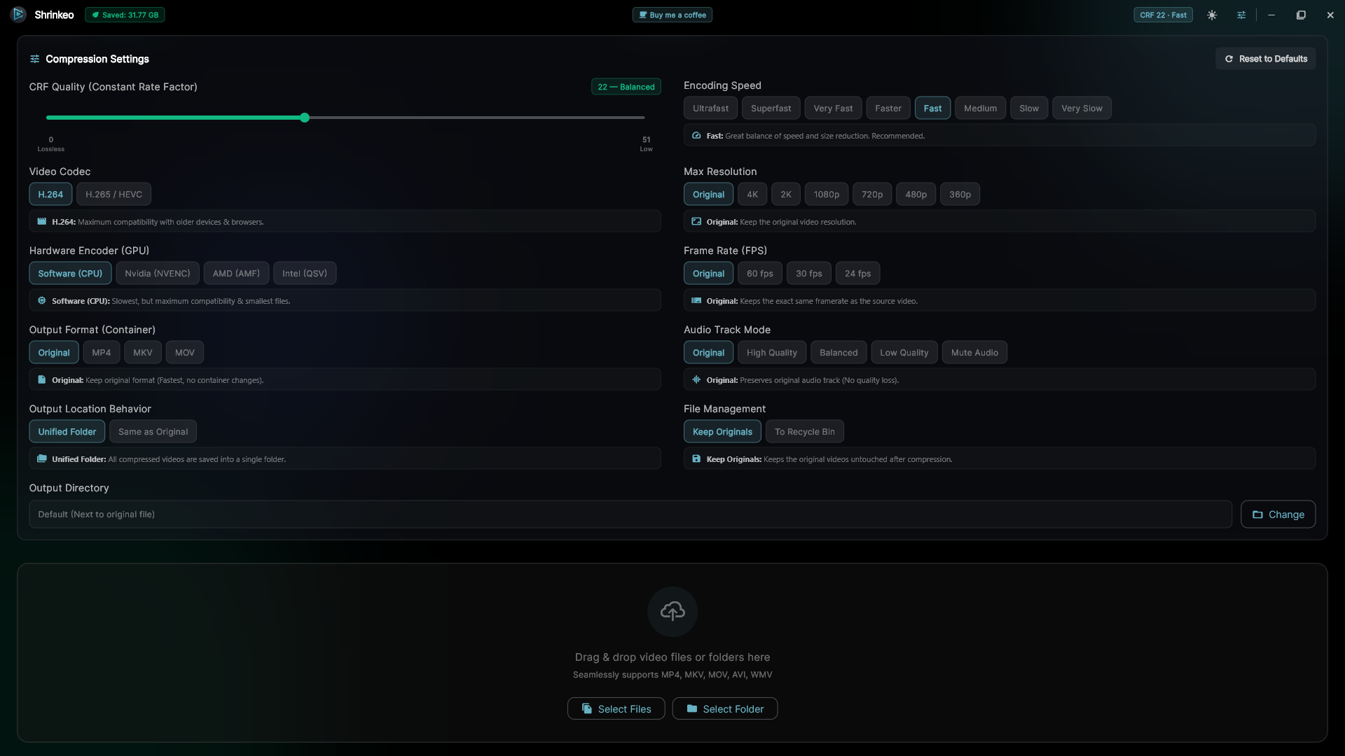Shrinkeo Dark Mode Interface